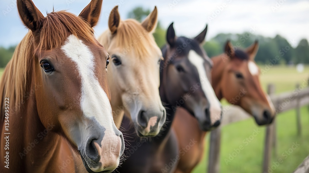 Four Majestic Horses Standing Side by Side in a Pastoral Landscape : Generative AI Four Majestic Horses Standing Side by Side in a Pastoral Landscape : Generative AI