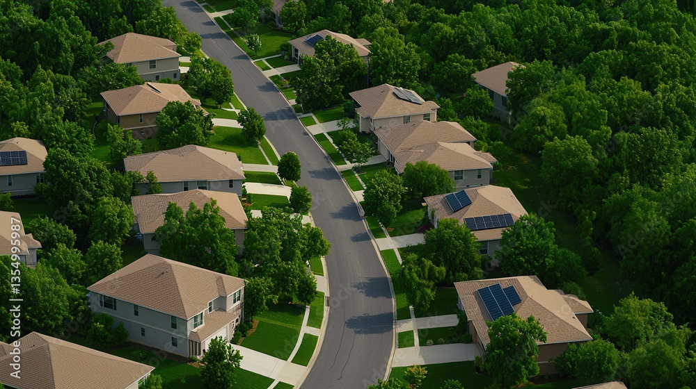 Fototapeta premium Aerial View of Suburban Homes with Solar Panels Green Environment Eco Friendly Neighborhood