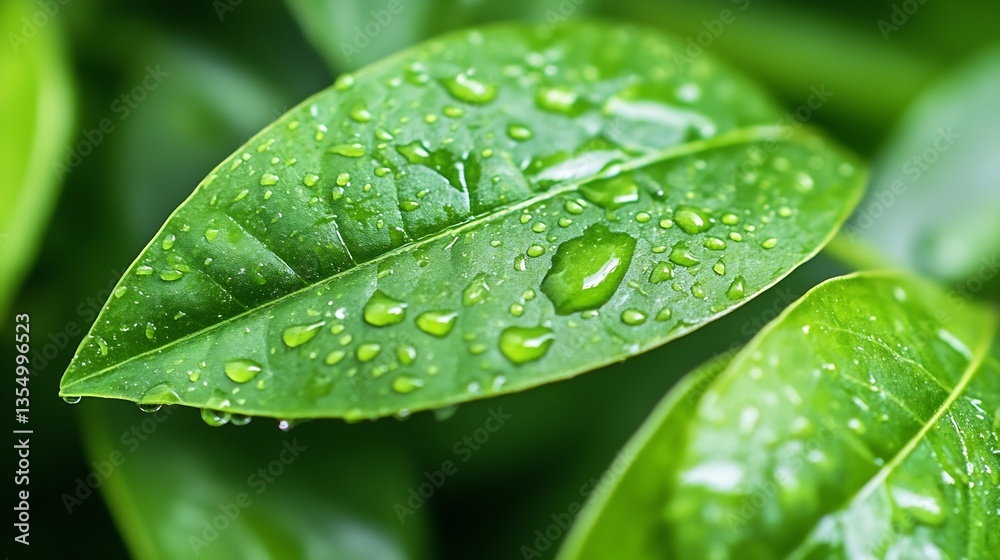 Fresh green leaves with water droplets showcasing nature's beauty and detail : Generative AI Fresh green leaves with water droplets showcasing nature's beauty and detail : Generative AI