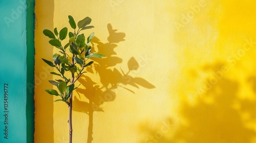 Vivid yellow and green wall casting shadows of a small tree in an artistic urban space design : Generative AI