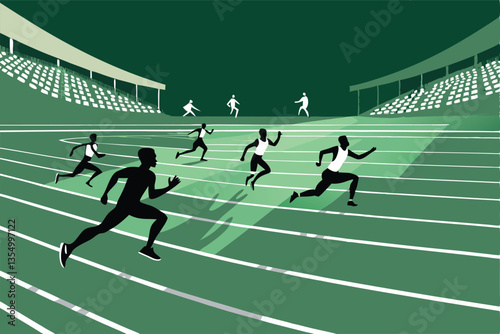 Create a vibrant vector illustration of a runner sprinting on a red running track, dynamic pose, stadium background.