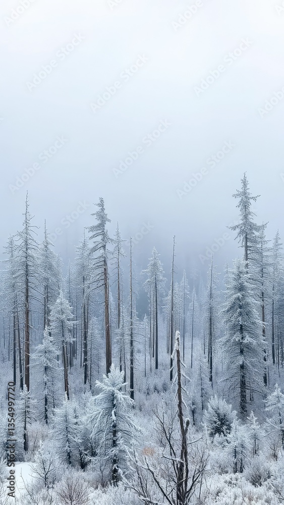 Frozen mist rises over a forest of dead spruce trees, frosty, serenity, serene landscape Frozen mist rises over a forest of dead spruce trees, frosty, serenity, serene landscape