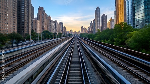 Stunning view of urban skyline with elevated train tracks reflecting golden sunset light : Generative AI photo