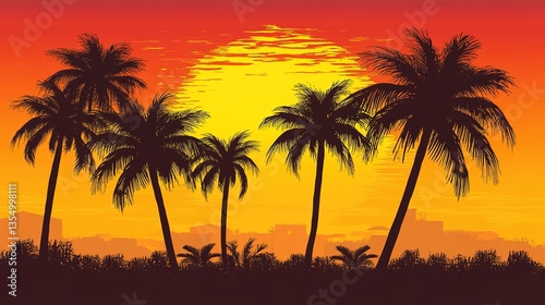 A silhouette of palm trees against a summer sunset sky.