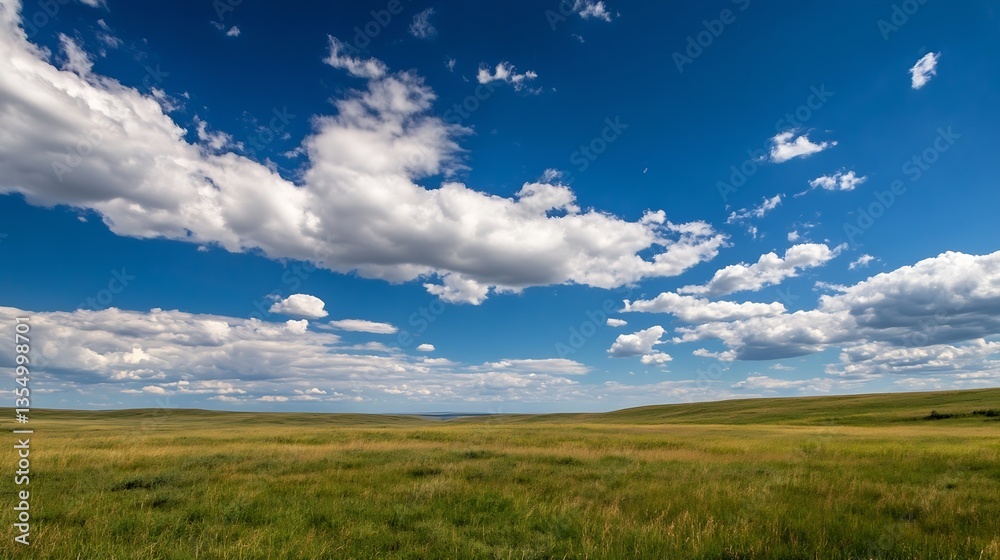 Vast green field under a bright blue sky dotted with fluffy white clouds : Generative AI Vast green field under a bright blue sky dotted with fluffy white clouds : Generative AI