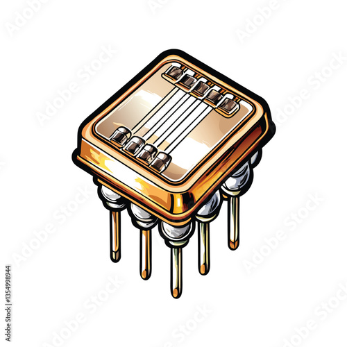 Create a detailed vector illustration of a crystal oscillator showing its internal structure and components, highlighting its piezoelectric properties.
