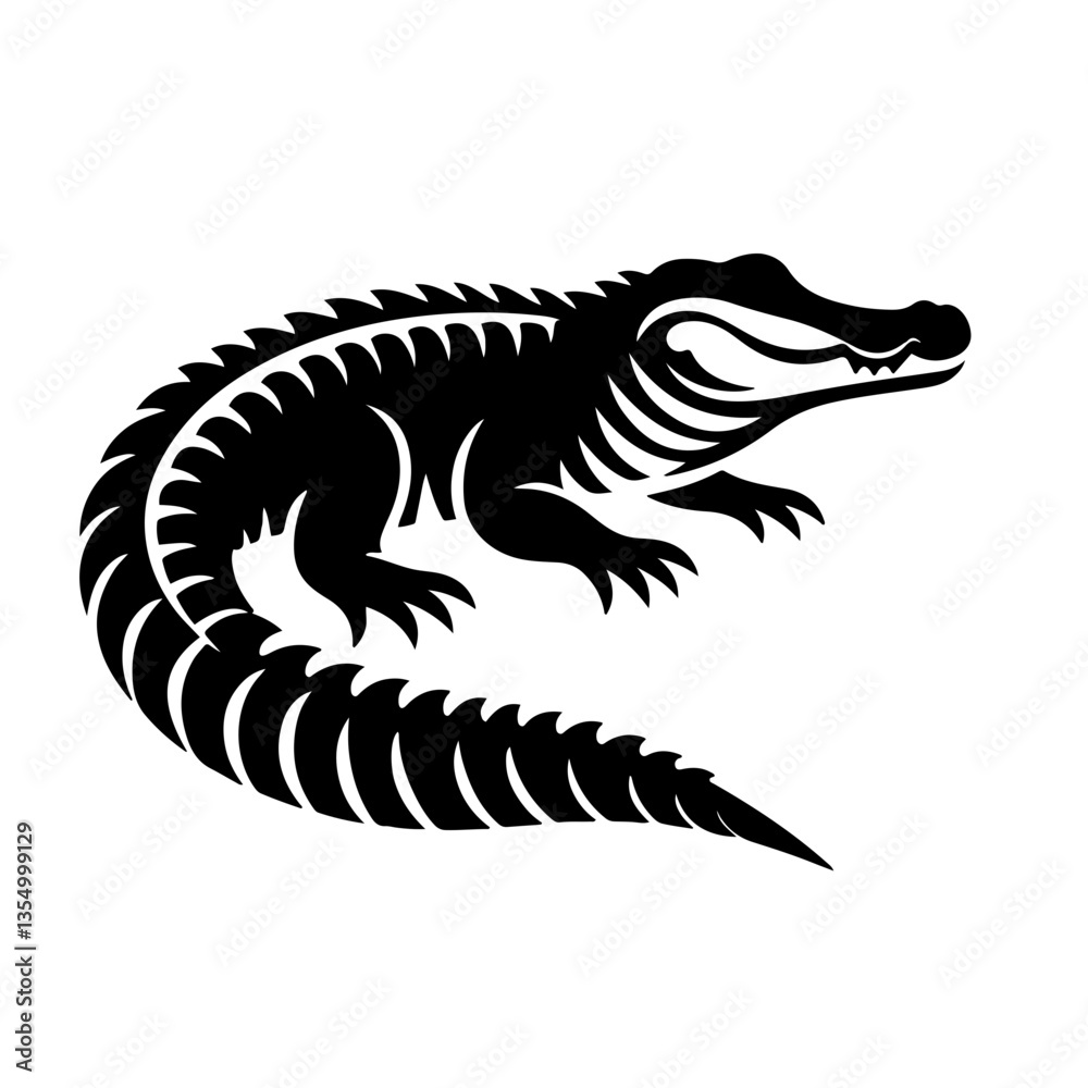 Obraz premium Black and white illustration of alligator silhouette, stylized crocodile, reptile icon, simplified animal design, graphic art,scaly texture, curved body shape, predator symbol, nature-inspired logo.