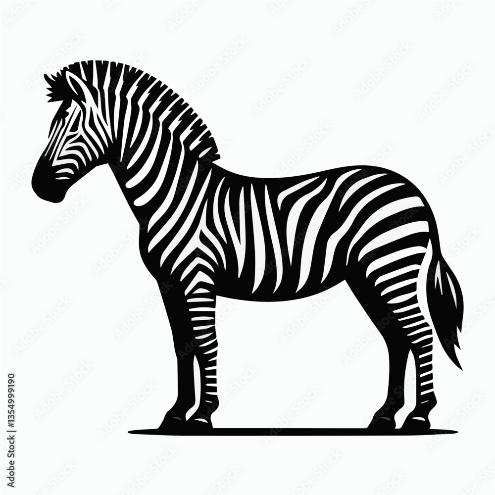 Obraz premium zebra, black and white stripes, side profile, standing pose, detailed illustration, high contrast, minimalist background, wildlife art, graphic design style, sharp edges, silhouette, vector.