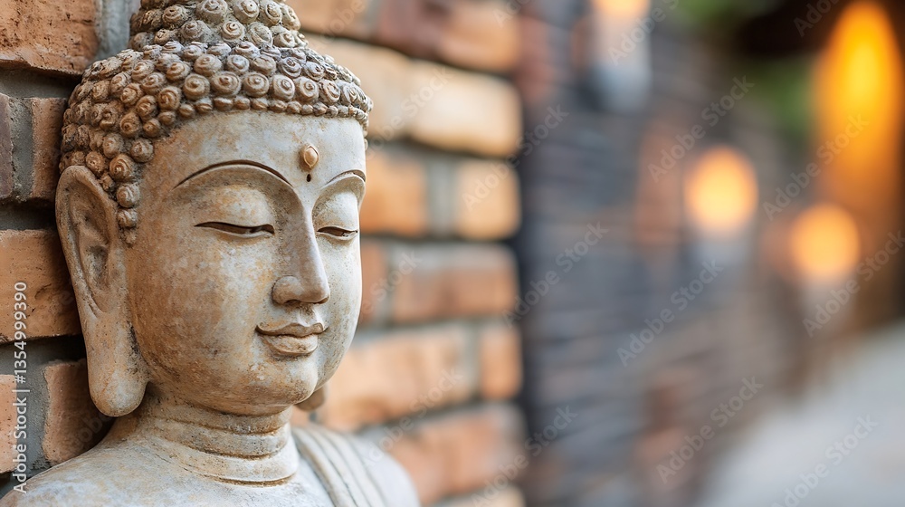 CloseUp of a Serene Buddha Statue Against a Contemporary Brick Wall : Generative AI CloseUp of a Serene Buddha Statue Against a Contemporary Brick Wall : Generative AI