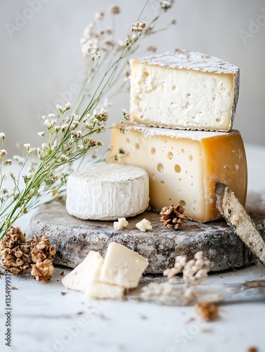 Artfully arranged selection of various cheeses accompanied by dried flowers on a rustic surface : Generative AI photo