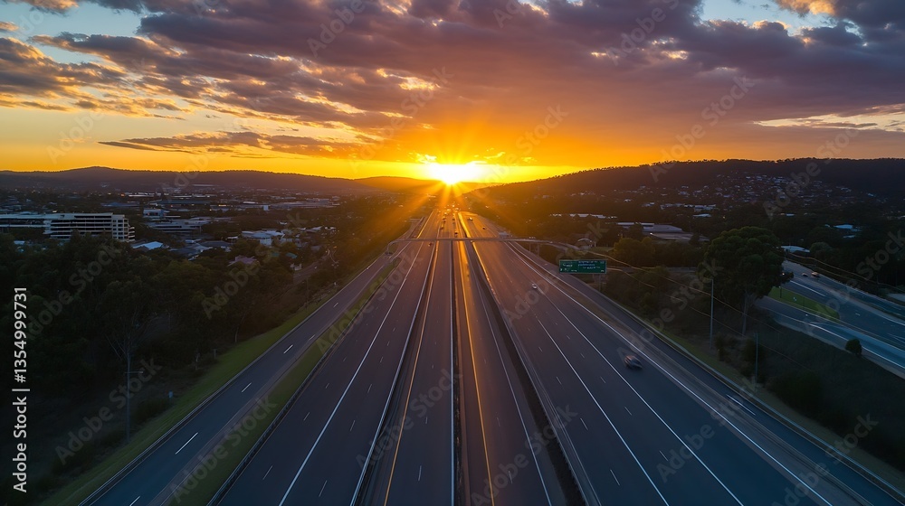 Stunning sunset view over a highway surrounded by urban landscape and natural scenery : Generative AI Stunning sunset view over a highway surrounded by urban landscape and natural scenery : Generative AI