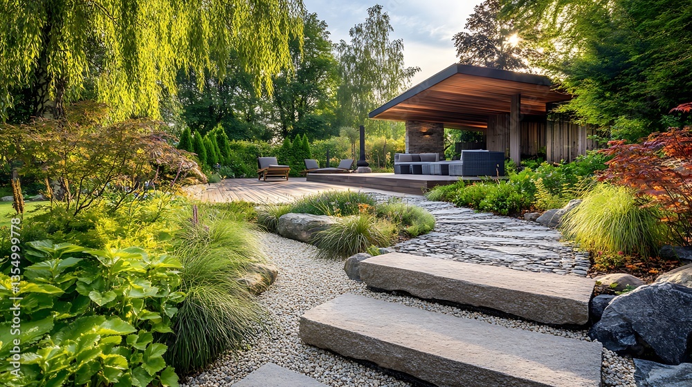 Fototapeta premium Landscape design featuring beautiful walking paths and natural elements image