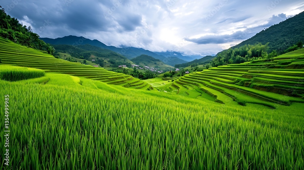 Lush Green Rice Terraces Surrounded by Majestic Mountains under Dramatic Clouds : Generative AI Lush Green Rice Terraces Surrounded by Majestic Mountains under Dramatic Clouds : Generative AI