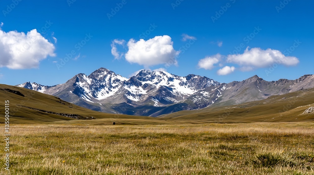 Fototapeta premium Stunning mountain scenery with snow capped peaks surrounded by lush green valleys under clear sky : Generative AI