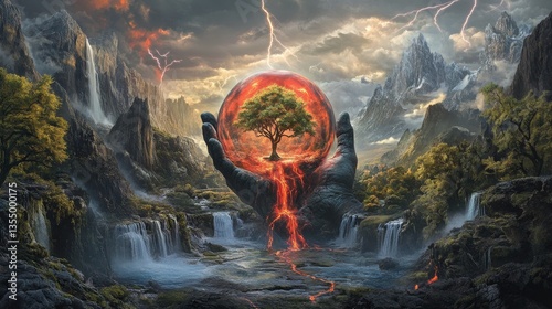A mystical tree in a glowing sphere rests on an open hand, with lava streaming down to a valley surrounded by lush mountains and waterfalls, blending fantasy with natural beauty.. AI Generation