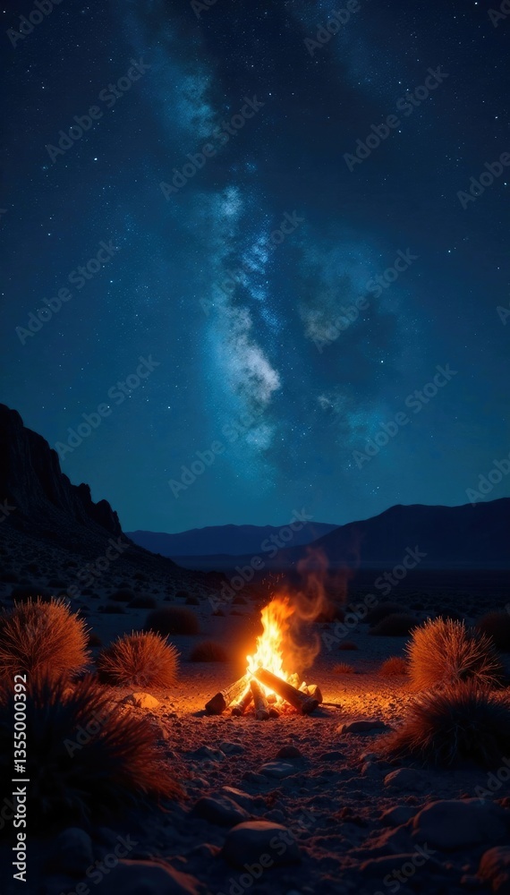 Naklejka premium Desert wilderness under the vast and dark night sky with fire, night sky, campfire
