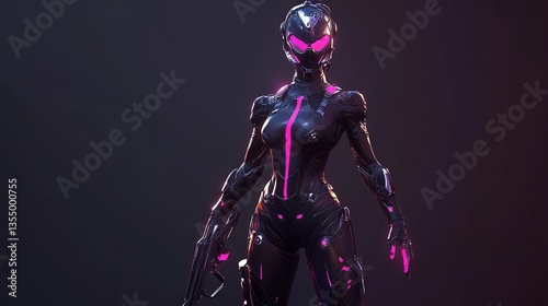Futuristic Female Cyber Warrior in High-Tech Combat Suit with Neon Accents