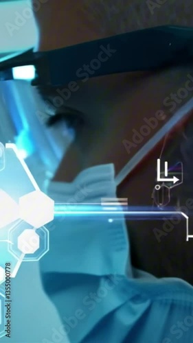 vertical 9:16 Close up: A lab technician in mask and safety goggles carefully studying a specimen under bright LED lab lighting. Digital molecular structures overlay the scene. Cinematic look