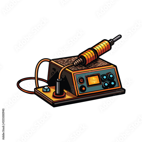 Create a vector illustration of a professional soldering station, showcasing its components iron, solder, sponge, stand, and potentially additional tools.  Focus on clean lines and realistic detail.