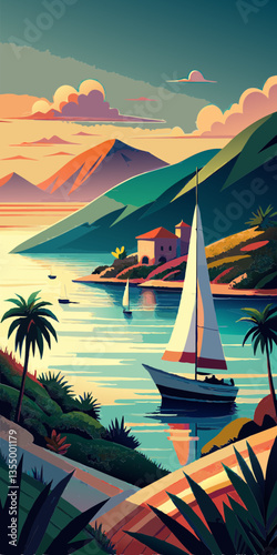 Tropical seascape with sailboat at sunny day. Sail yacht in beautiful lagune. Marine landscape with mountains and boat. AI generated vector illustration