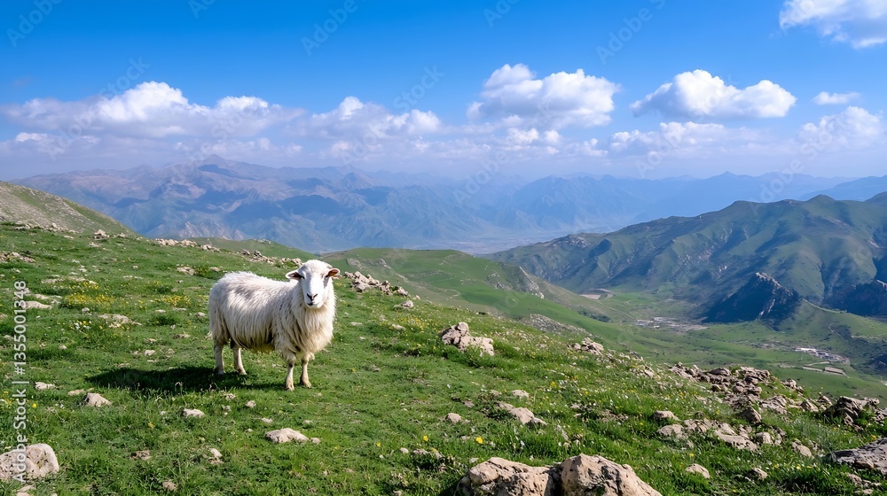 Obraz premium A fluffy white sheep standing majestically on a rocky hillside with vibrant greenery and mountains in the background : Generative AI