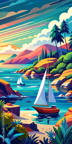 Tropical seascape with sailboat at sunny day. Sail yacht in beautiful lagune. Marine landscape with mountains and boat. AI generated vector illustration