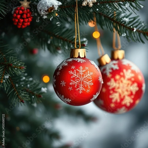 delicate snowflakes settle on golden red ornaments hanging from fir branches, golden, ornaments, snowflakes
