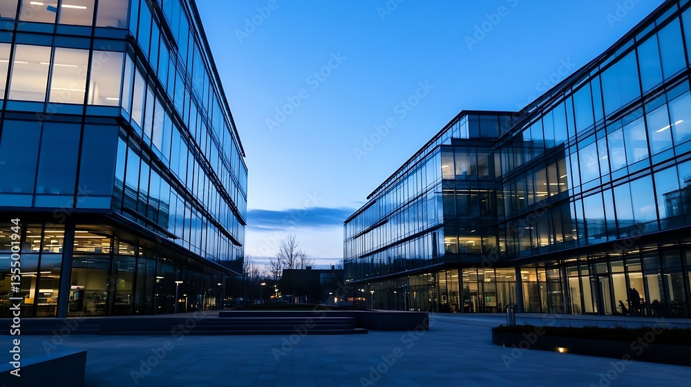 Obraz premium Modern urban architecture showcasing glass buildings under a twilight sky : Generative AI
