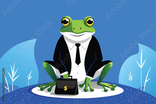 A cartoon frog in a suit, seated at a desk, advises clients on retirement planning, charts & graphs visible.  Humorous illustration.