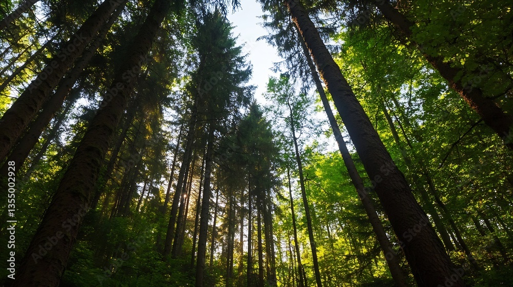 Fototapeta premium Tall trees reaching towards the blue sky in a vibrant lush green forest creating a serene natural landscape : Generative AI