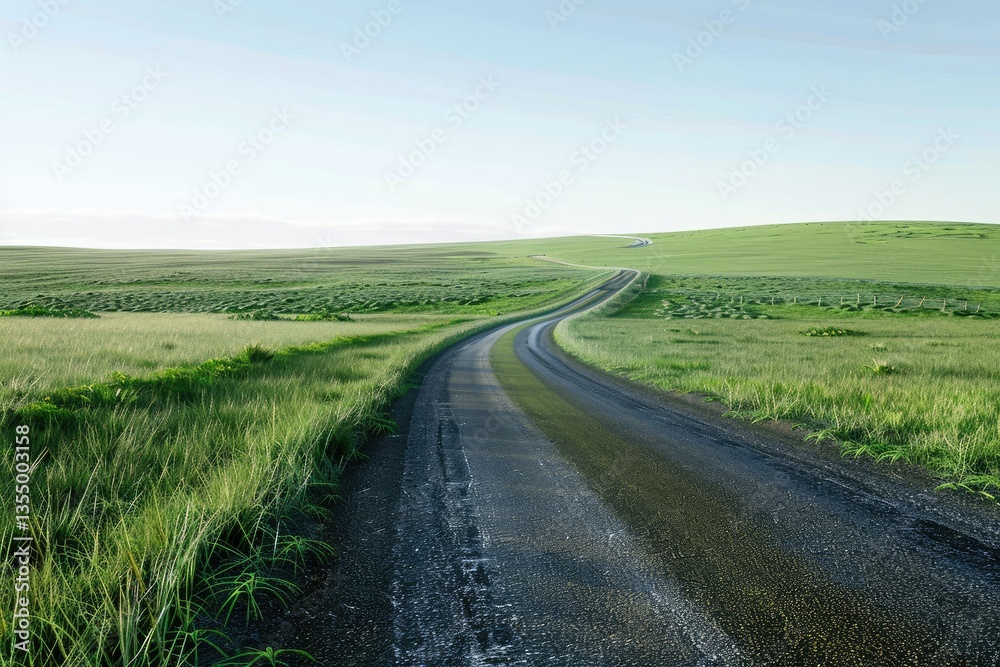 Flawless Image of Endless Road Winding Through Green Grasslands Under Clear Skies Flawless Image of Endless Road Winding Through Green Grasslands Under Clear Skies