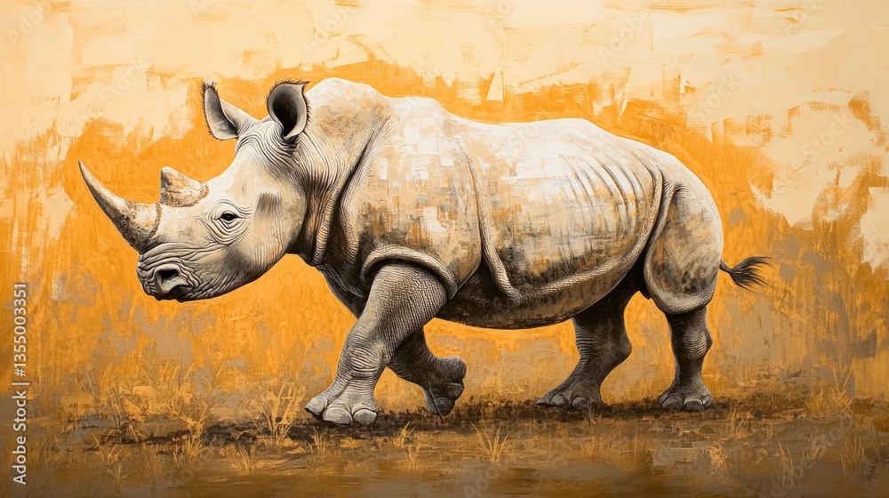 Fototapeta premium White rhinoceros walking across open terrain, with its massive horn and intricate skin textures softly lit against a golden savanna background.