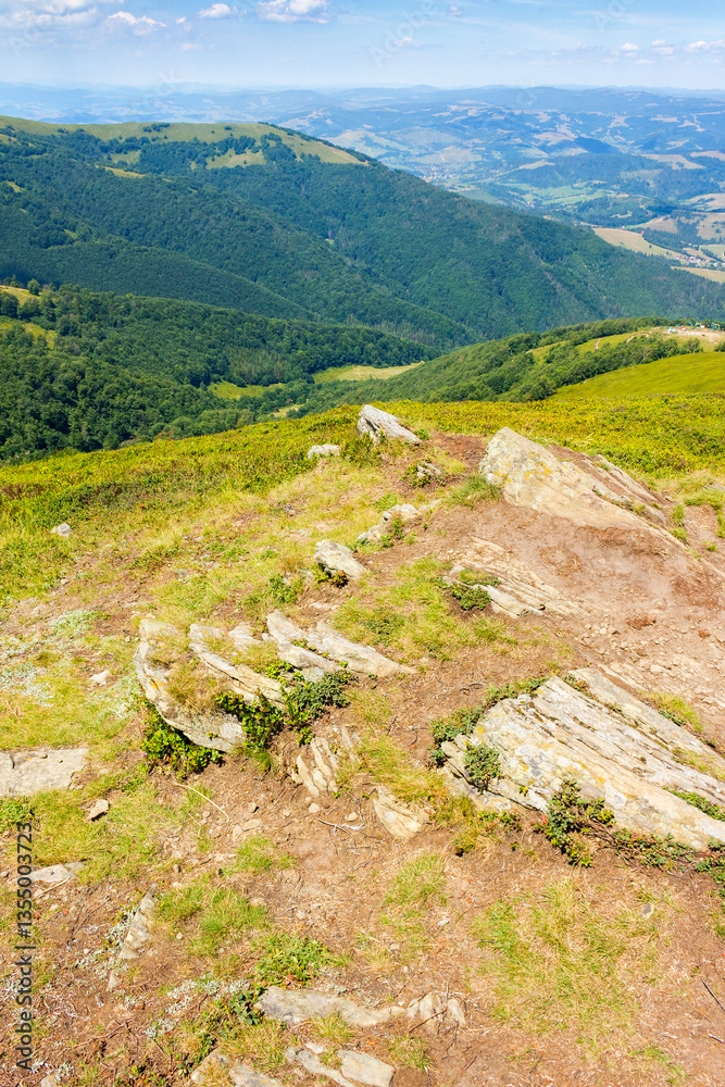 mountain landscape of ukraine in summer. high altitude. alpine nature scenery with rock on the hill and beautiful view in to the valley. travel to borzhava ridge