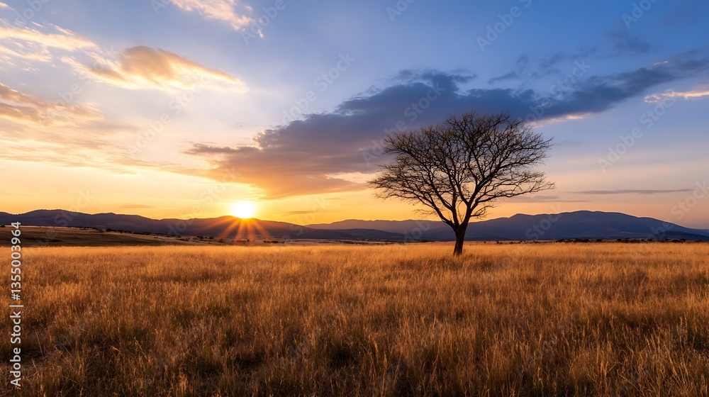 Beautiful sunset over a vast landscape with a solitary tree in the foreground : Generative AI Beautiful sunset over a vast landscape with a solitary tree in the foreground : Generative AI