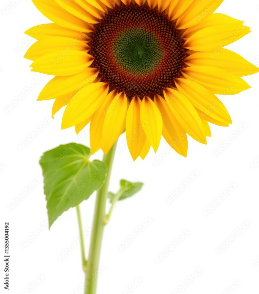 Obraz premium A single sunflower blossoms against a pure white background, design, graphics, sunflowers