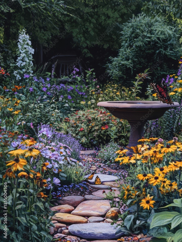 Fototapeta premium Front yard garden featuring a butterfly garden with nectar-rich flowers, a small birdbath, and natural stones, no logos