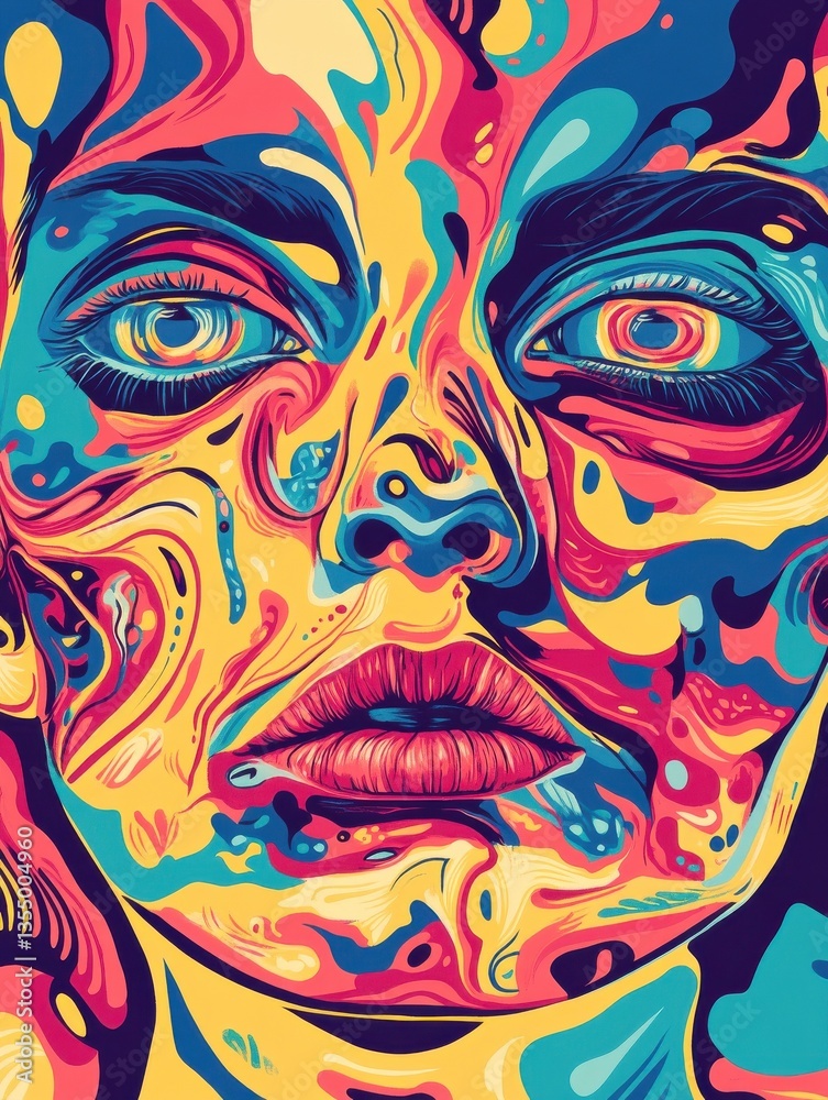 Fototapeta Psychedelic retro cool digital artwork. Colorful doodle human face eyeball design, 70s vintage style vivid dreamscape pop art