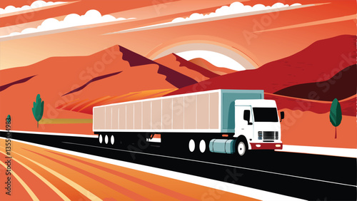 A detailed vector illustration of a large cross-country trucking rig descending a steep hill, emphasizing realistic details of the vehicle and the landscape.