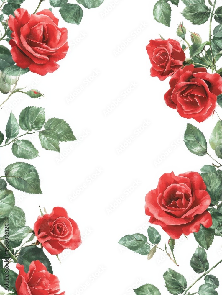 Naklejka premium Charming red rose border with realistic petals and lush foliage.