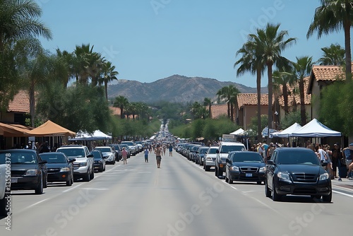 Wallpaper Mural Crowded street scene with parked cars, pedestrians, and palm trees leading to mountains. Torontodigital.ca