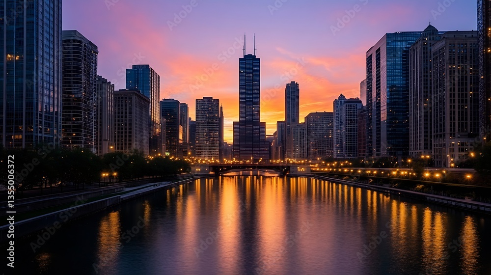 Fototapeta premium Stunning sunset reflection over a river with city skyline in the background : Generative AI