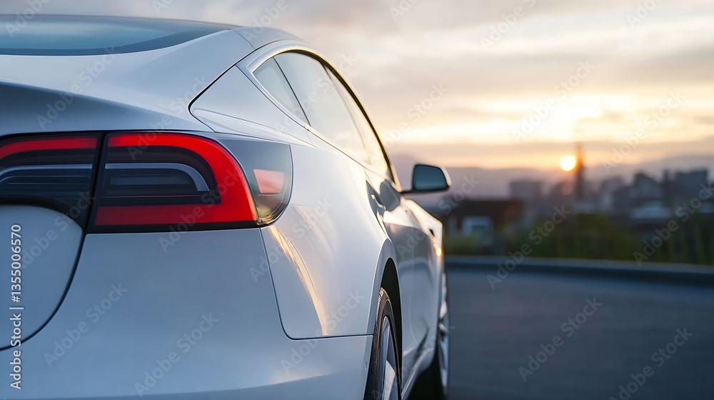 Obraz premium Stylish electric car parked against a backdrop of a glowing sunset over the city skyline : Generative AI