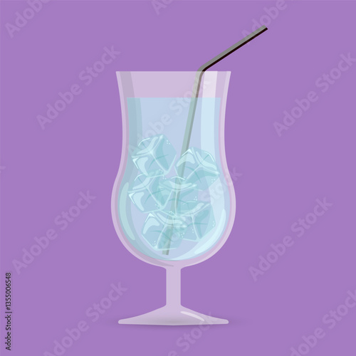 Glass with ice, water and a straw on purple background. Vector design.