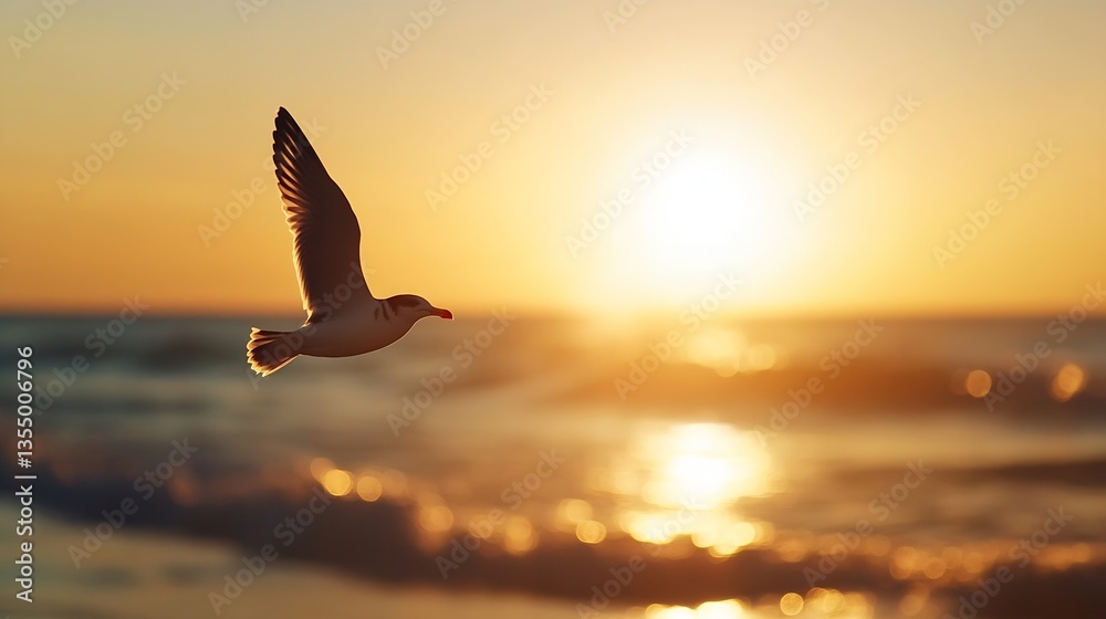 Naklejka premium Seagull Soaring Over a Golden Sunset with Waves and Glimmers of Light in the Ocean Background : Generative AI