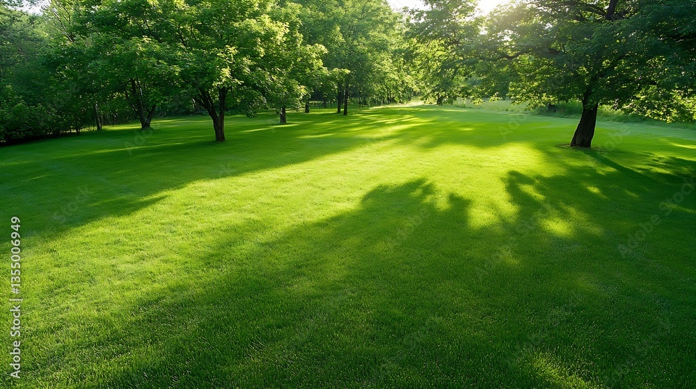 Obraz premium Vibrant green lawn surrounded by trees under warm sun with long shadows creating a peaceful outdoor scene : Generative AI