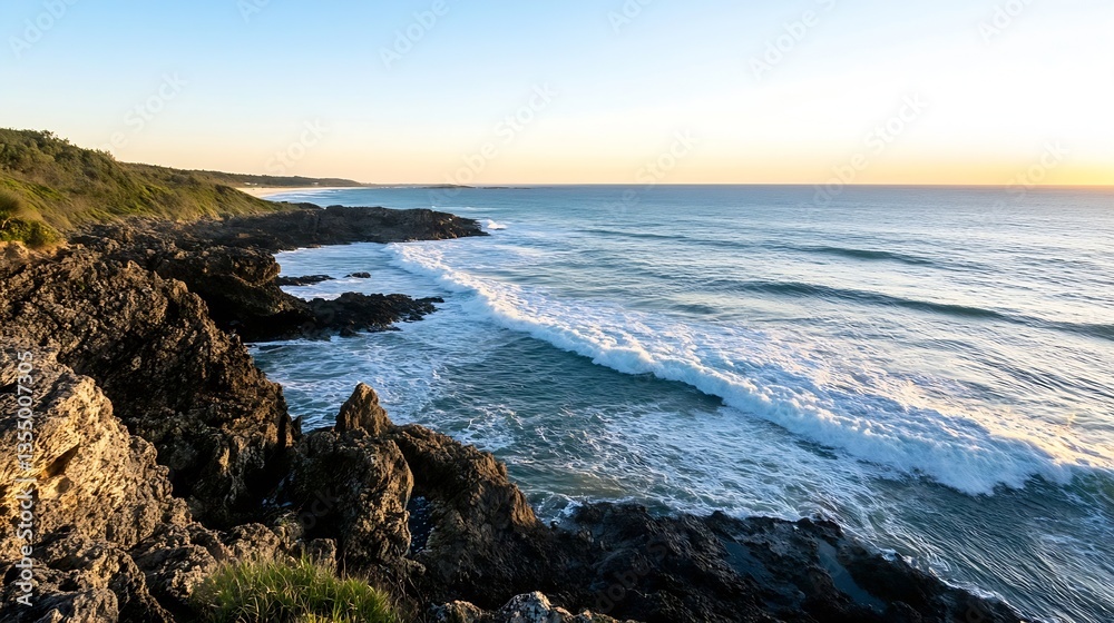 Scenic coastal view with rocky shoreline and gentle waves during sunset on a tranquil evening : Generative AI