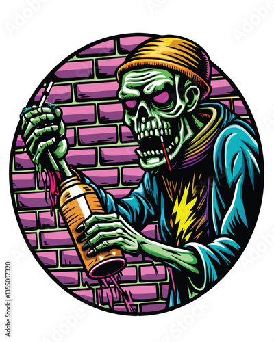 A decaying zombie, wearing tattered clothing, spray paints a wall with vibrant graffiti art.  The scene is gritty and urban.