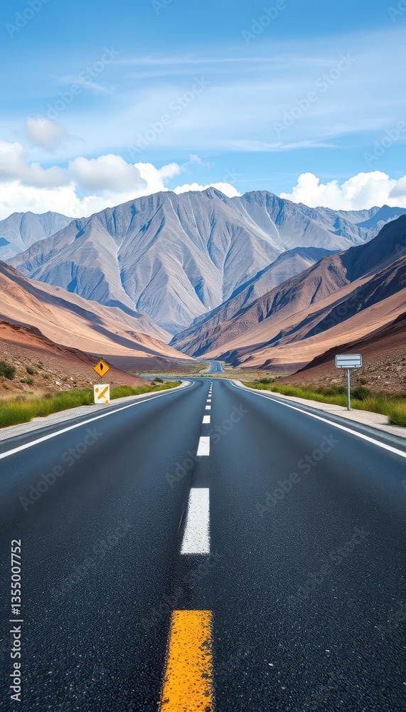 Naklejka premium Empty asphalt road, mountains in background, panoramic view, mountain, outdoor, adventure