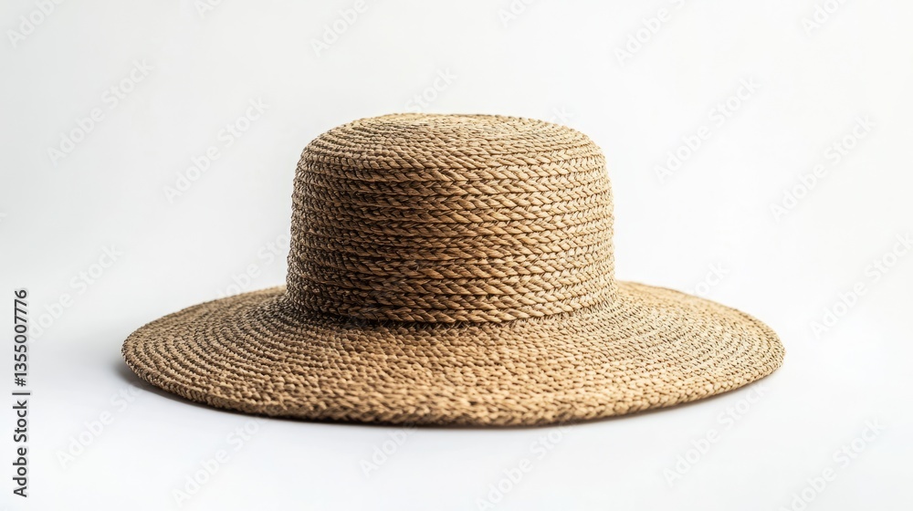 Women's straw hat isolated, featuring a wide brim and woven textures in natural beige tones, set against a clean white background for a minimalist and summery look. Women's straw hat isolated, featuring a wide brim and woven textures in natural beige tones, set against a clean white background for a minimalist and summery look.