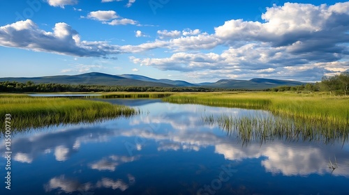 Scenic view of tranquil lake reflecting clouds and mountains under a blue sky : Generative AI